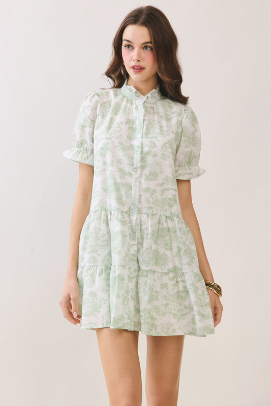 Juniors' Pretty Follies Printed Ruffle Mock Neck Button Front Mini Dress (Green)