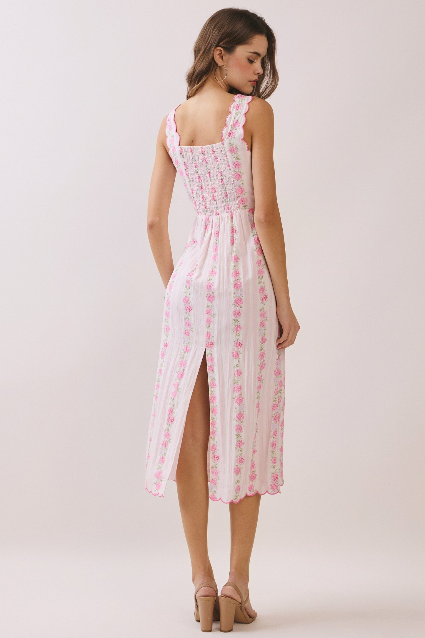 Juniors' Pretty Follies Floral Print Scalloped Detail Back Smocked Dress (Pink)