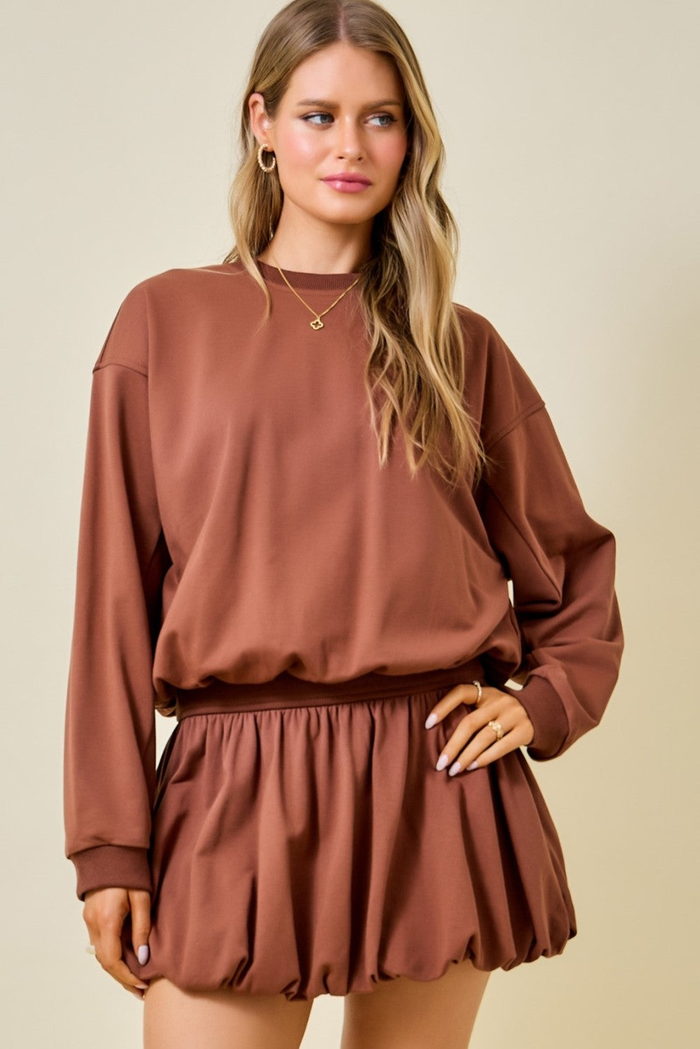 Day + Moon French Terry Crewneck Casual Sweatshirt W/Bubble Hem Detail