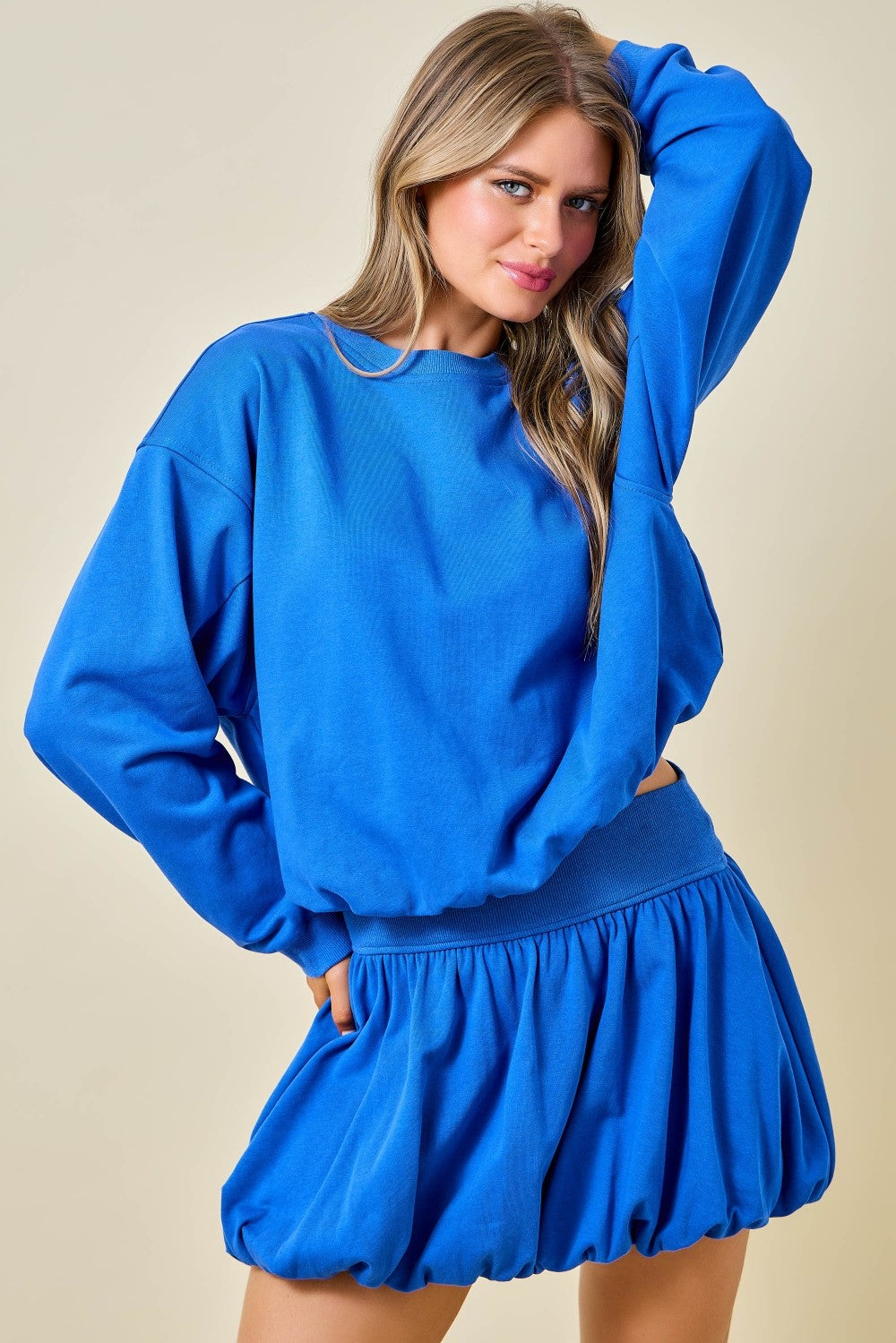 Day + Moon French Terry Crewneck Casual Sweatshirt W/Bubble Hem Detail