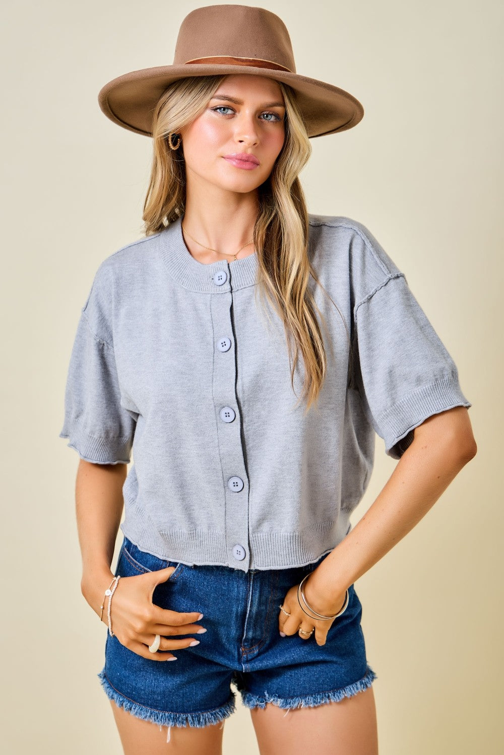 Day + Moon Short Sleeve Sweater Knit Cardigan Top W/ Raw Edge Hem