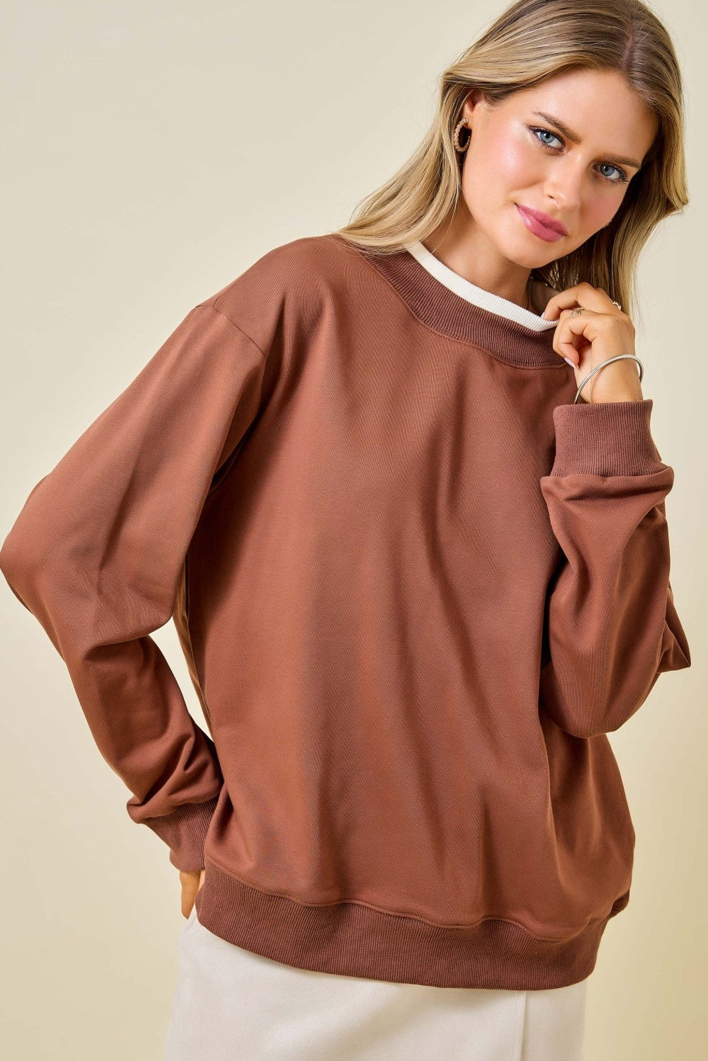 Day + Moon Double Layered Contrast Mockneck Sweatshirt Top