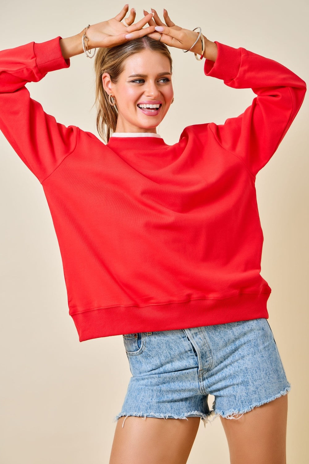 Day + Moon Double Layered Contrast Mockneck Sweatshirt Top