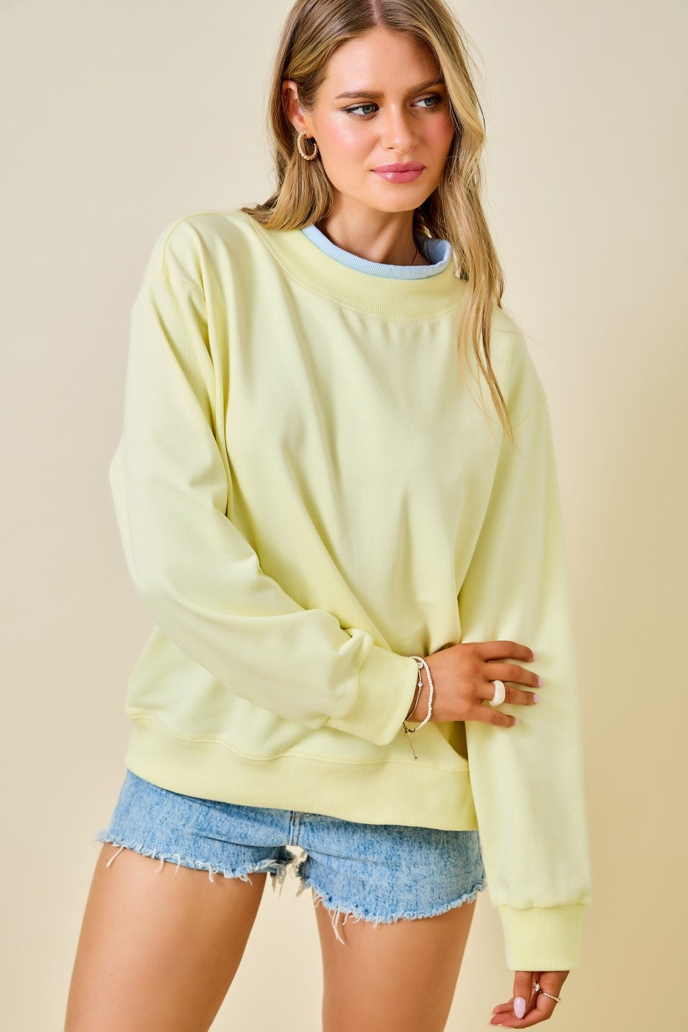 Day + Moon Double Layered Contrast Mockneck Sweatshirt Top