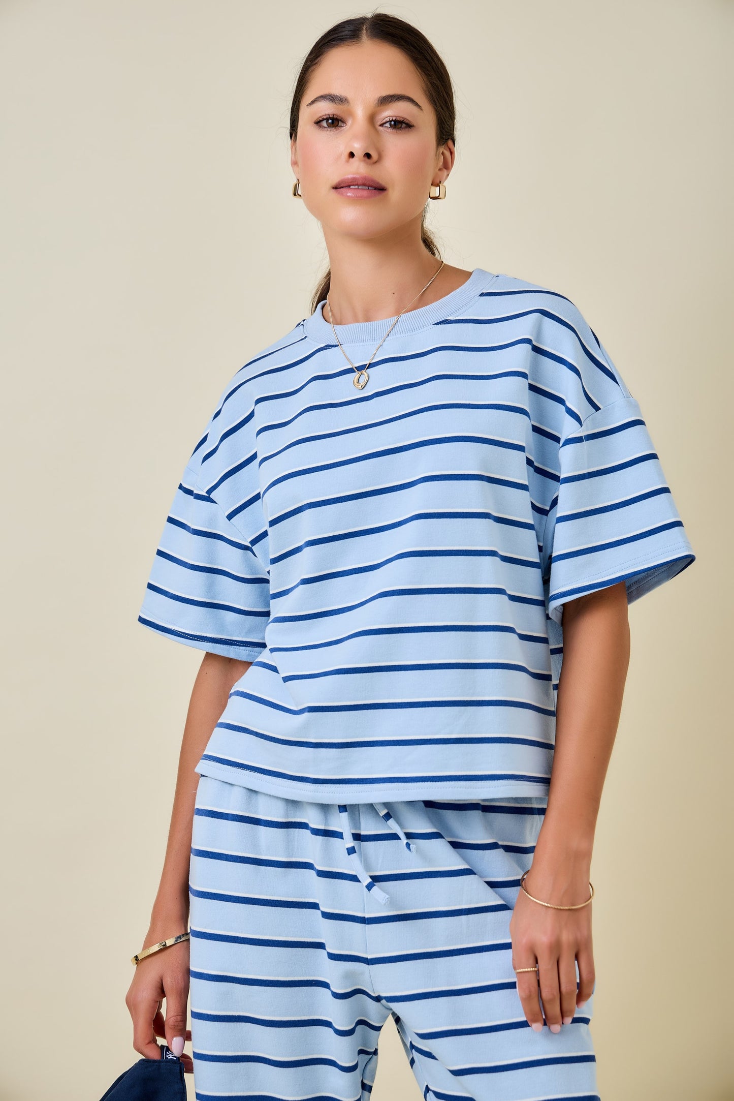 Juniors' Day + Moon Striped Boxy Drop Shoulder Lounge Sweatshirt Top