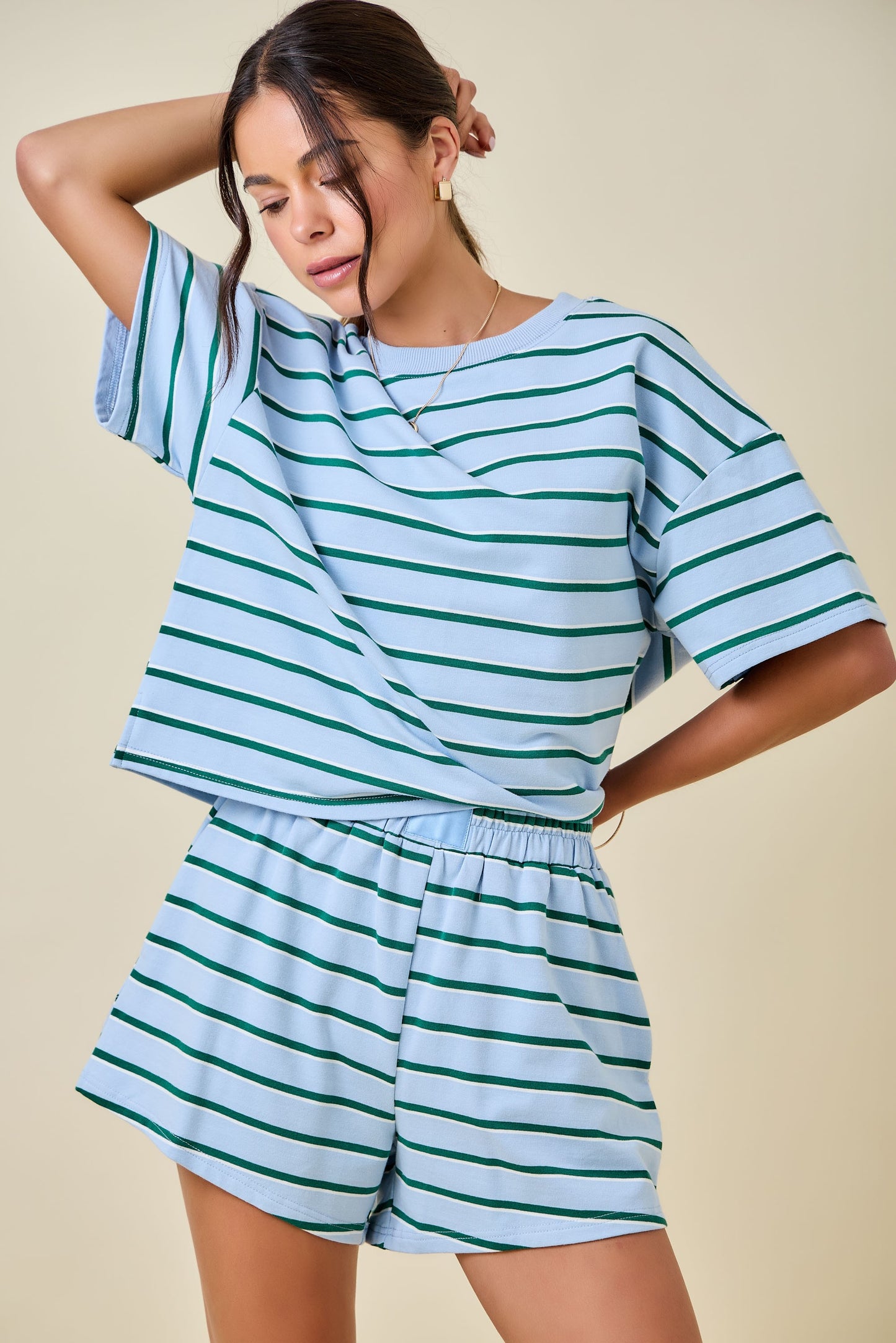 Juniors' Day + Moon Striped Boxy Drop Shoulder Lounge Sweatshirt Top