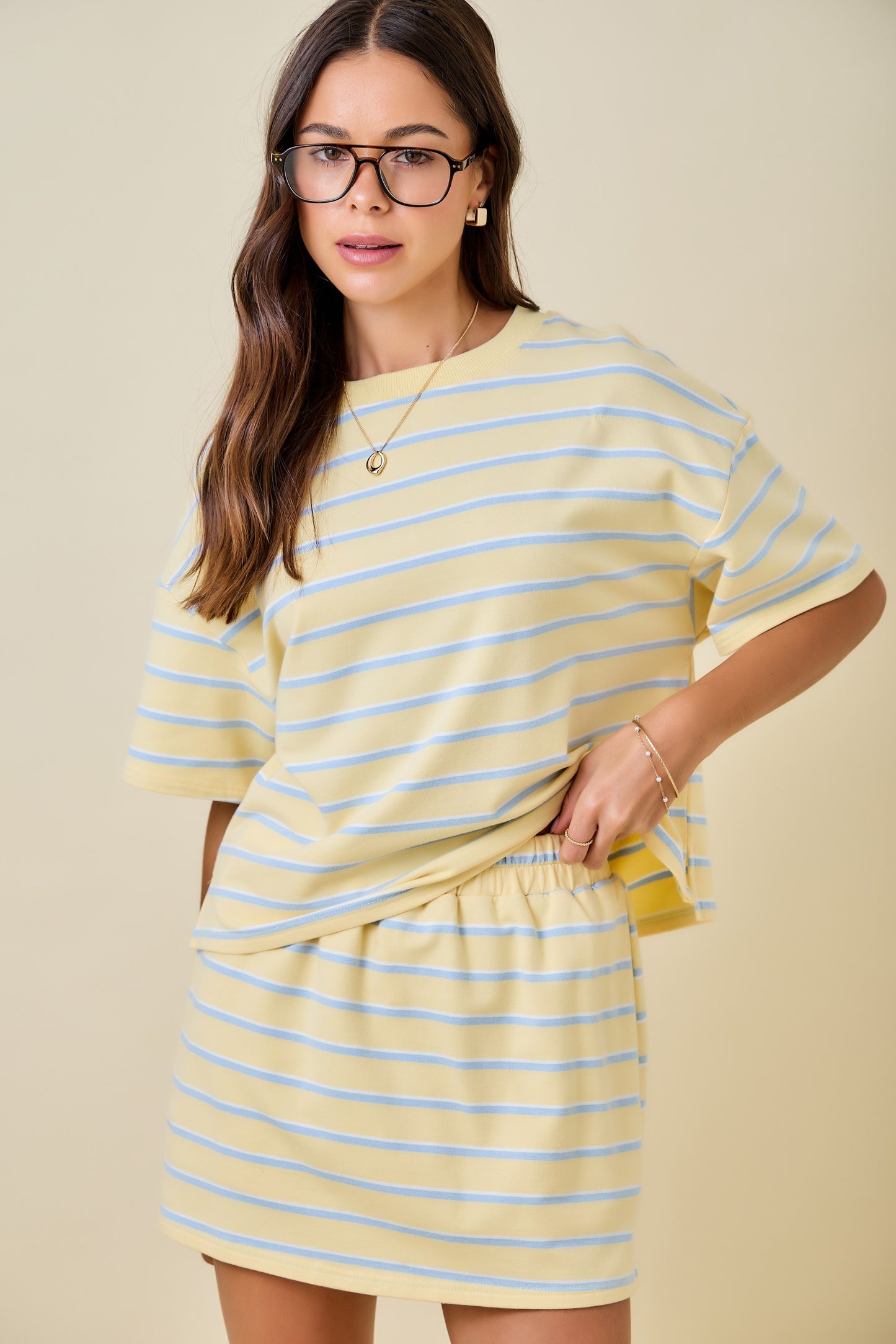 Juniors' Day + Moon Striped Boxy Drop Shoulder Lounge Sweatshirt Top