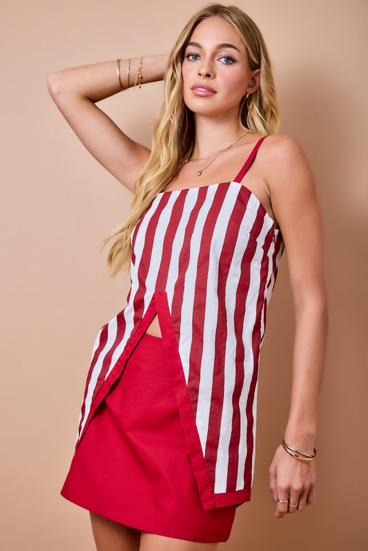 Day + Moon Game Day Striped Cami Top With Front Split Open Hem Detail