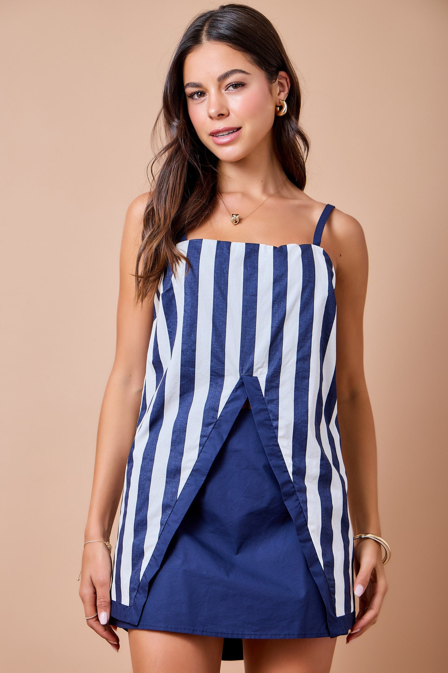 Day + Moon Game Day Striped Cami Top With Front Split Open Hem Detail