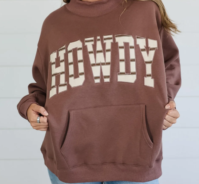 Bucketlist "HOWDY" Oversized Mock Neck Sweatshirt (Brown)