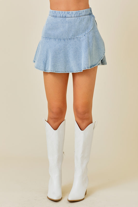 Front Wrap Mini Skort W/Ruffles (Washed Denim)