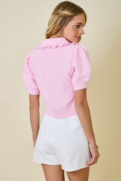 Juniors' Day + Moon Cropped Ruffled Collar Ribbed Knit Cardigan