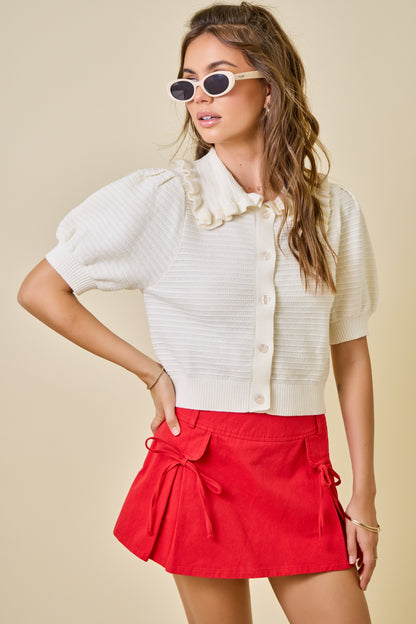 Juniors' Day + Moon Cropped Ruffled Collar Ribbed Knit Cardigan