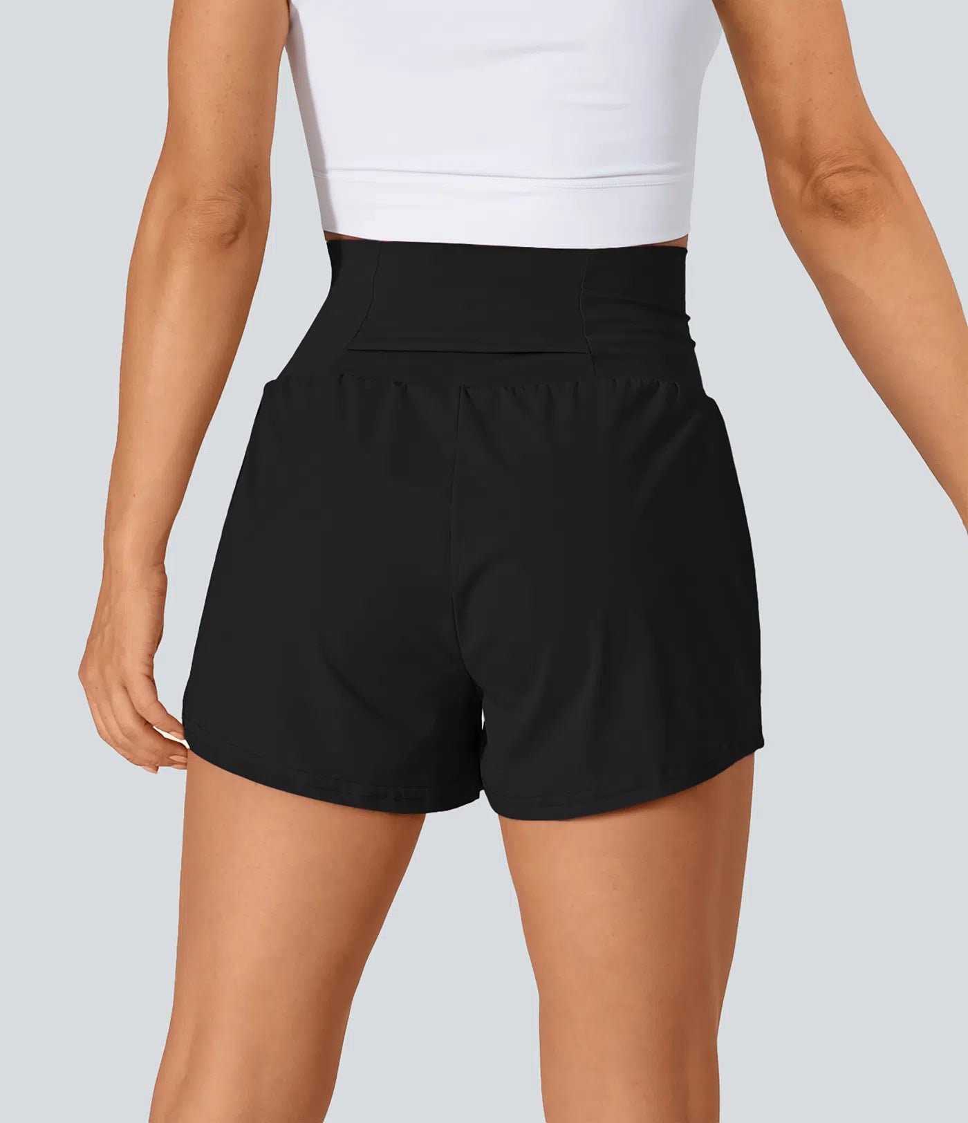 Super High Waisted Back Pocket & Side Hidden Pocket 2-in-1 Yoga Shorts (Black)