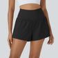 Super High Waisted Back Pocket & Side Hidden Pocket 2-in-1 Yoga Shorts (Black)