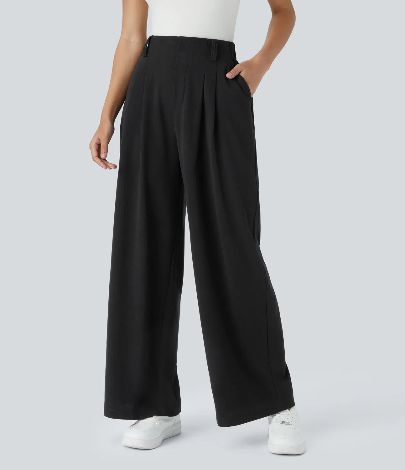 High Waisted Side Pocket Wide Leg Waffle Work Pants (Black)