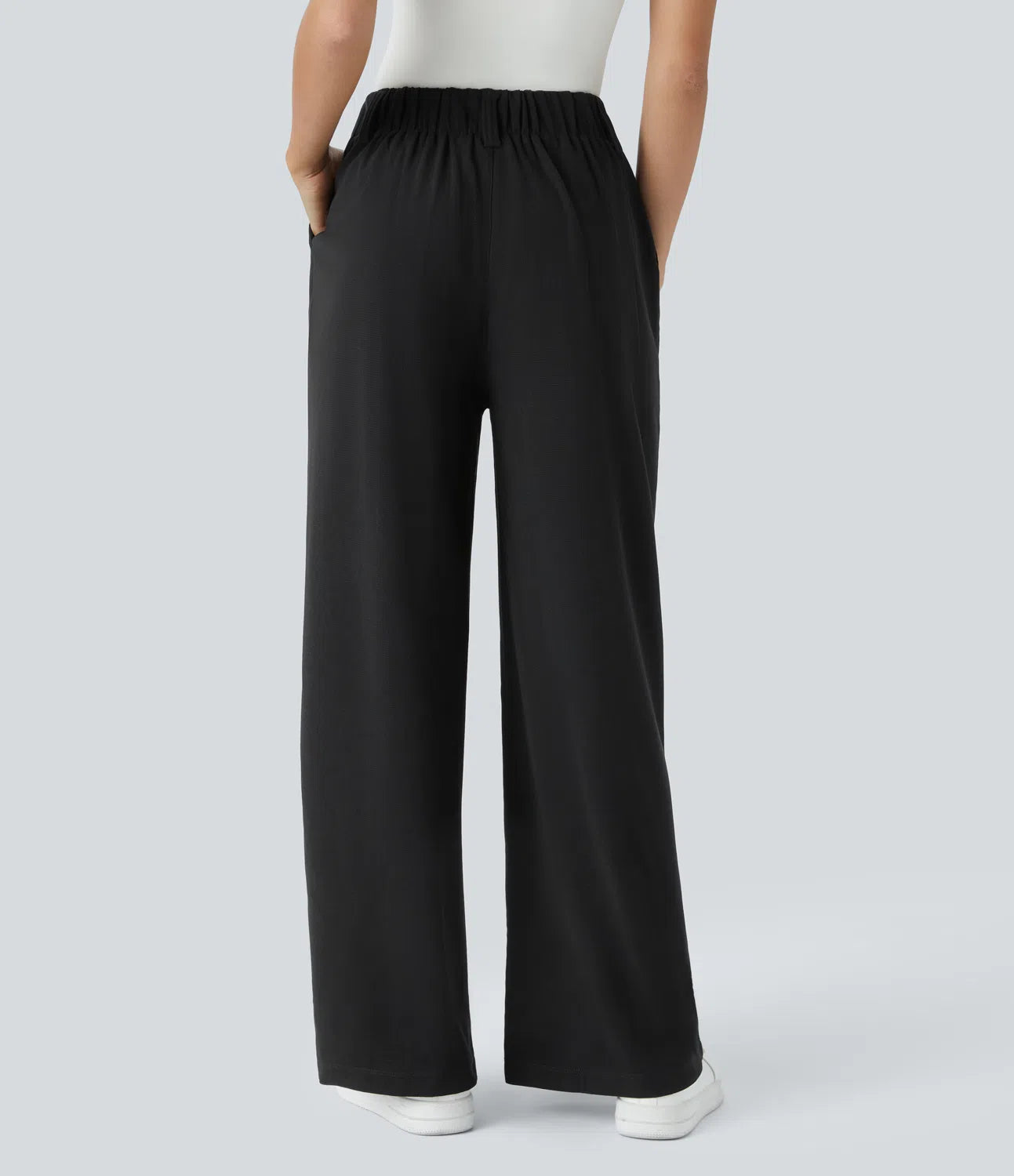 High Waisted Side Pocket Wide Leg Waffle Work Pants (Black)