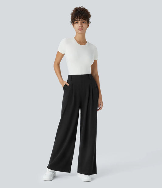 High Waisted Side Pocket Wide Leg Waffle Work Pants (Black)