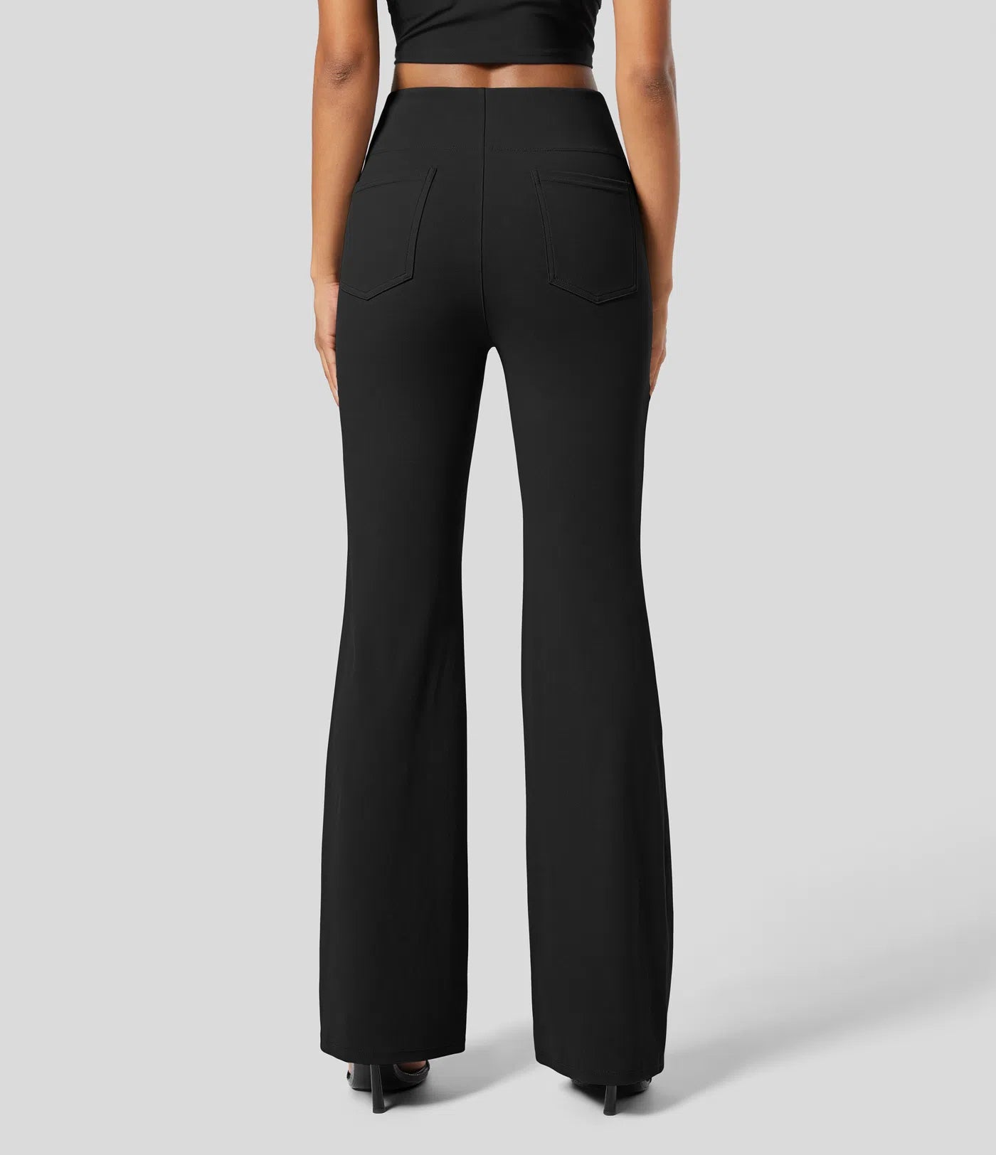 High Waisted Back Side Pocket Slight Flare Work Pants (Black)