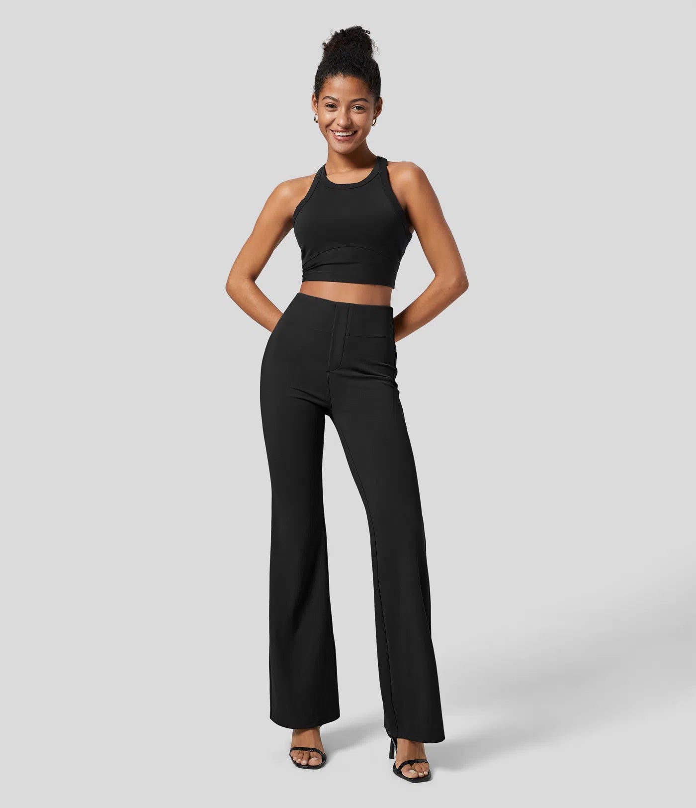 High Waisted Back Side Pocket Slight Flare Work Pants (Black)