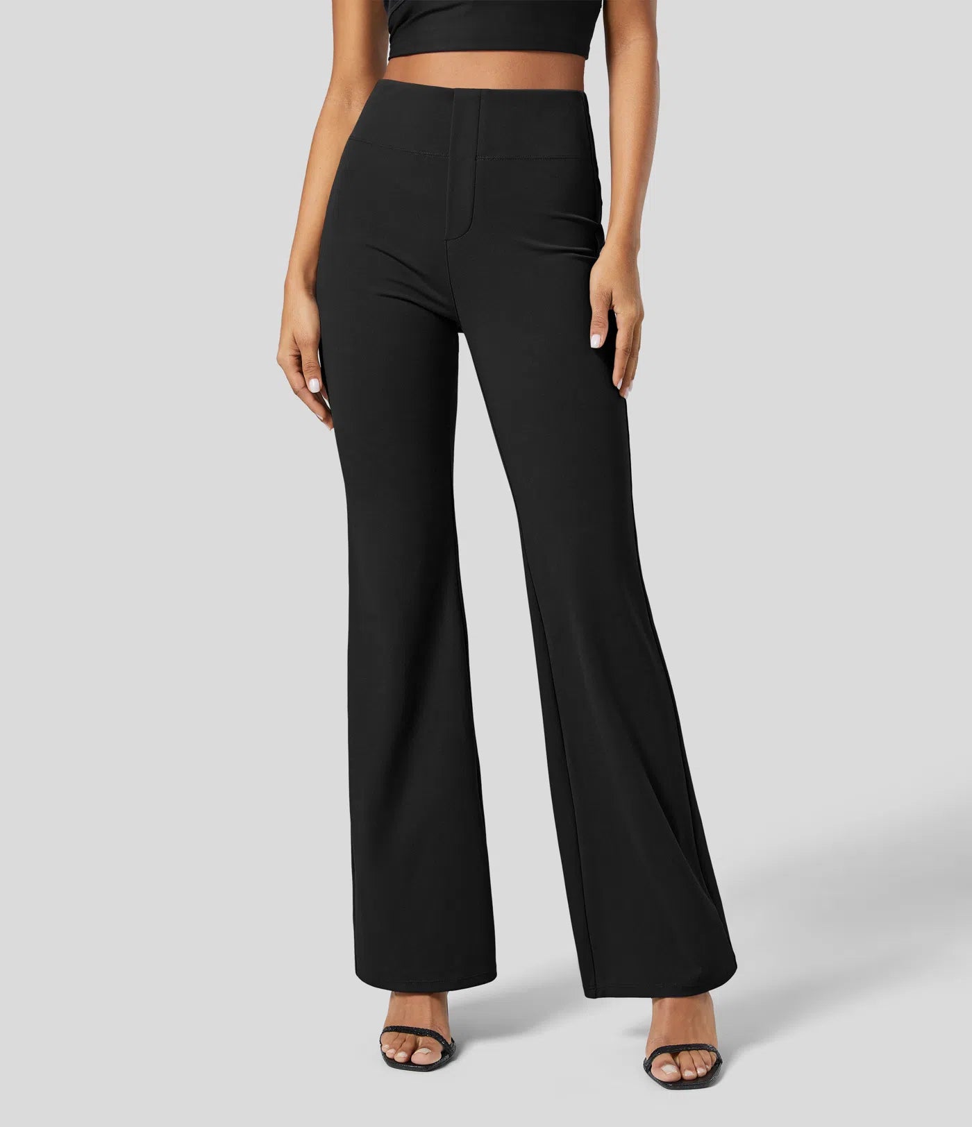 High Waisted Back Side Pocket Slight Flare Work Pants (Black)