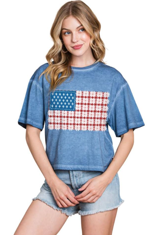 Puff Flower American Flag Graphic S/S Tee (Blue)