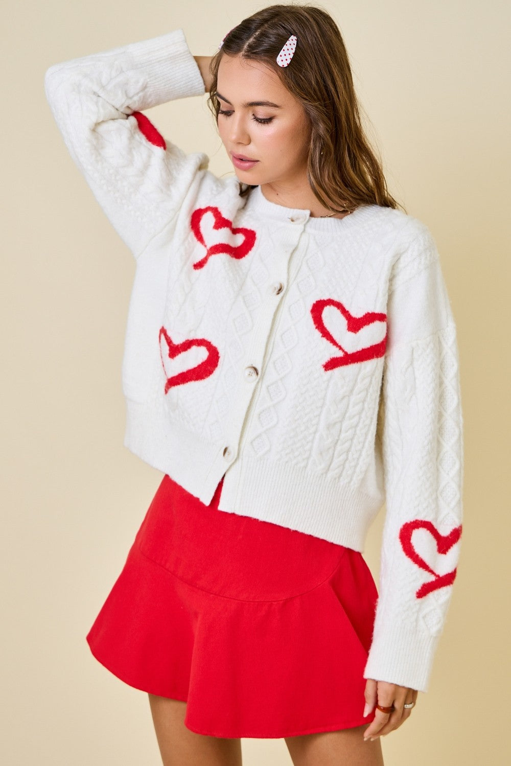 Juniors' Day +Moon Heartline Cardigan Sweater (Off White/Red)
