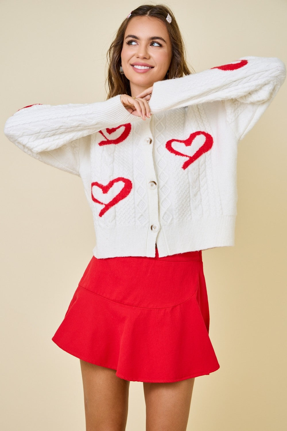 Juniors' Day +Moon Heartline Cardigan Sweater (Off White/Red)