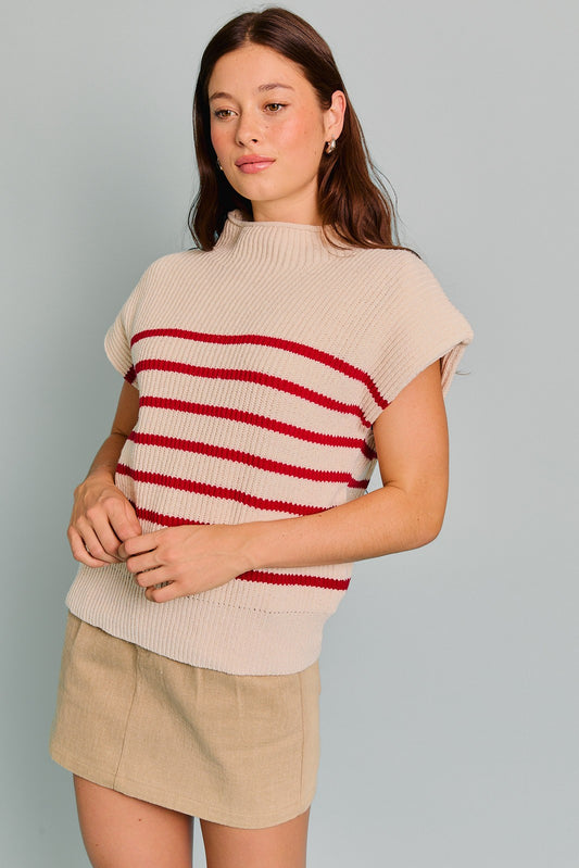 Turtle Neck Stripe Sweater Vest (Cream/Red)