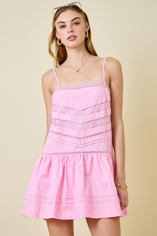 Juniors' Day + Moon Drop Waist Lace Mini Cami W/Pintuck Details Dress (Pink)
