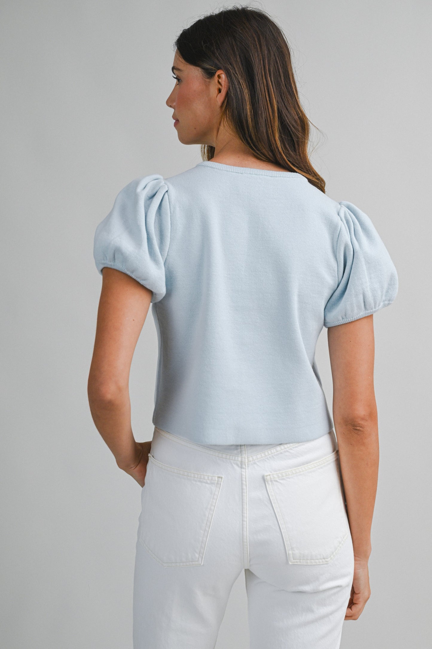 Juniors' Mable Embroidered Short Puff Sleeve Button Down Knit Top