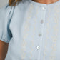 Juniors' Mable Embroidered Short Puff Sleeve Button Down Knit Top