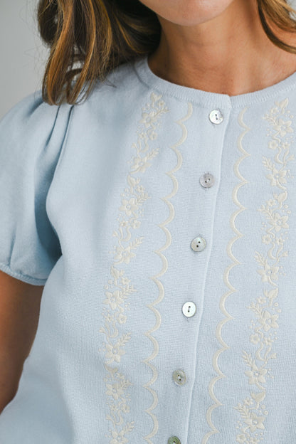 Juniors' Mable Embroidered Short Puff Sleeve Button Down Knit Top