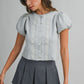 Juniors' Mable Embroidered Short Puff Sleeve Button Down Knit Top