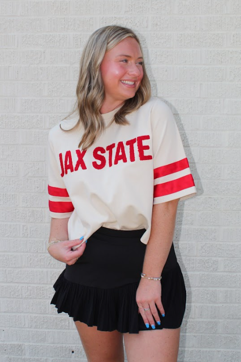 Game Day JAX STATE Cropped Top (Ecru/Red)