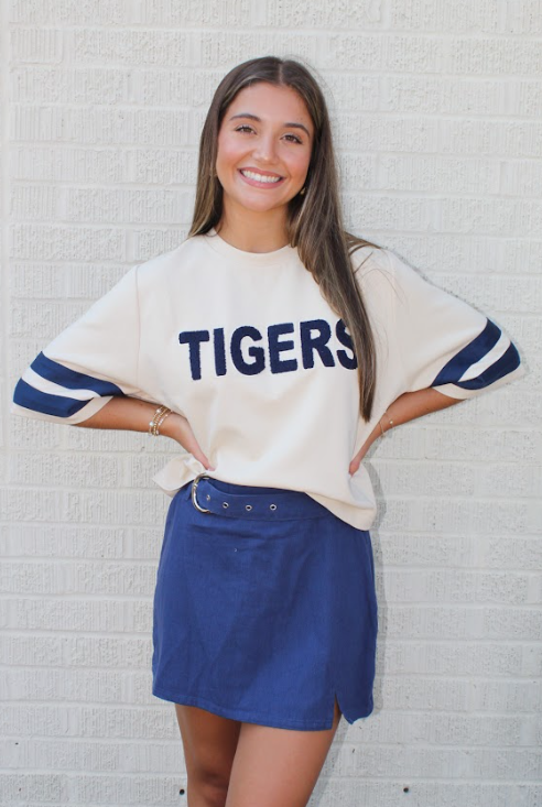 Game Day TIGERS Cropped Top (Ecru/Navy)