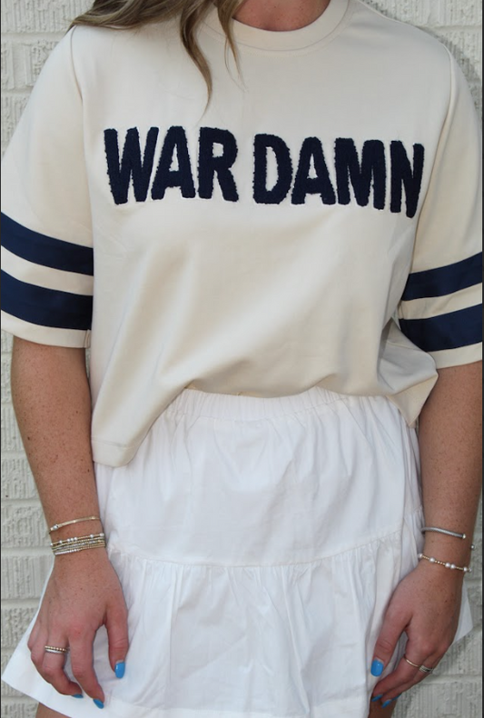 Game Day WAR DAMN Cropped Top (Ecru/Navy)