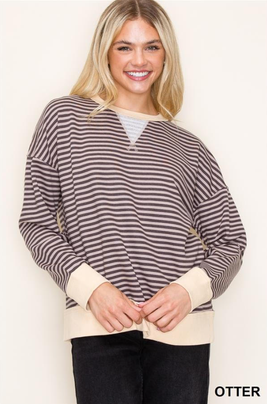 Crew Knit Striped Pullover Top (Otter)