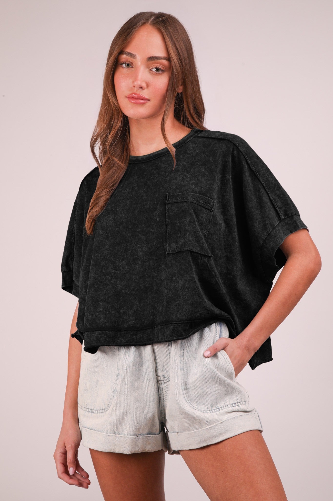 Oversized Crop Knit S/S Pocket Tee