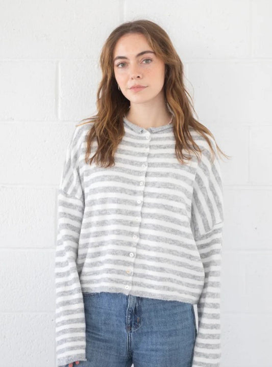 Striped Button Down Cardigan (Ivory/Heather Grey)