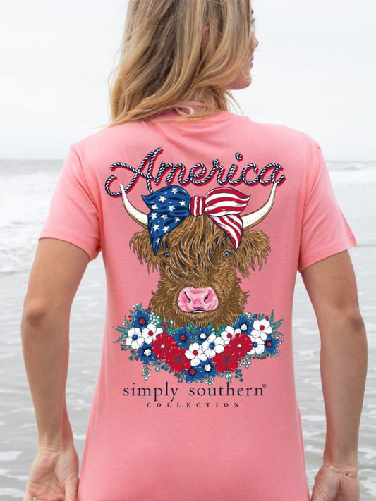 Ladies Simply Southern American Cow S/S Conch