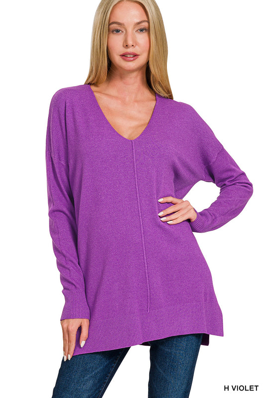 Zenana Center Seam V Neck Side Slit Sweater (Heather Violet)