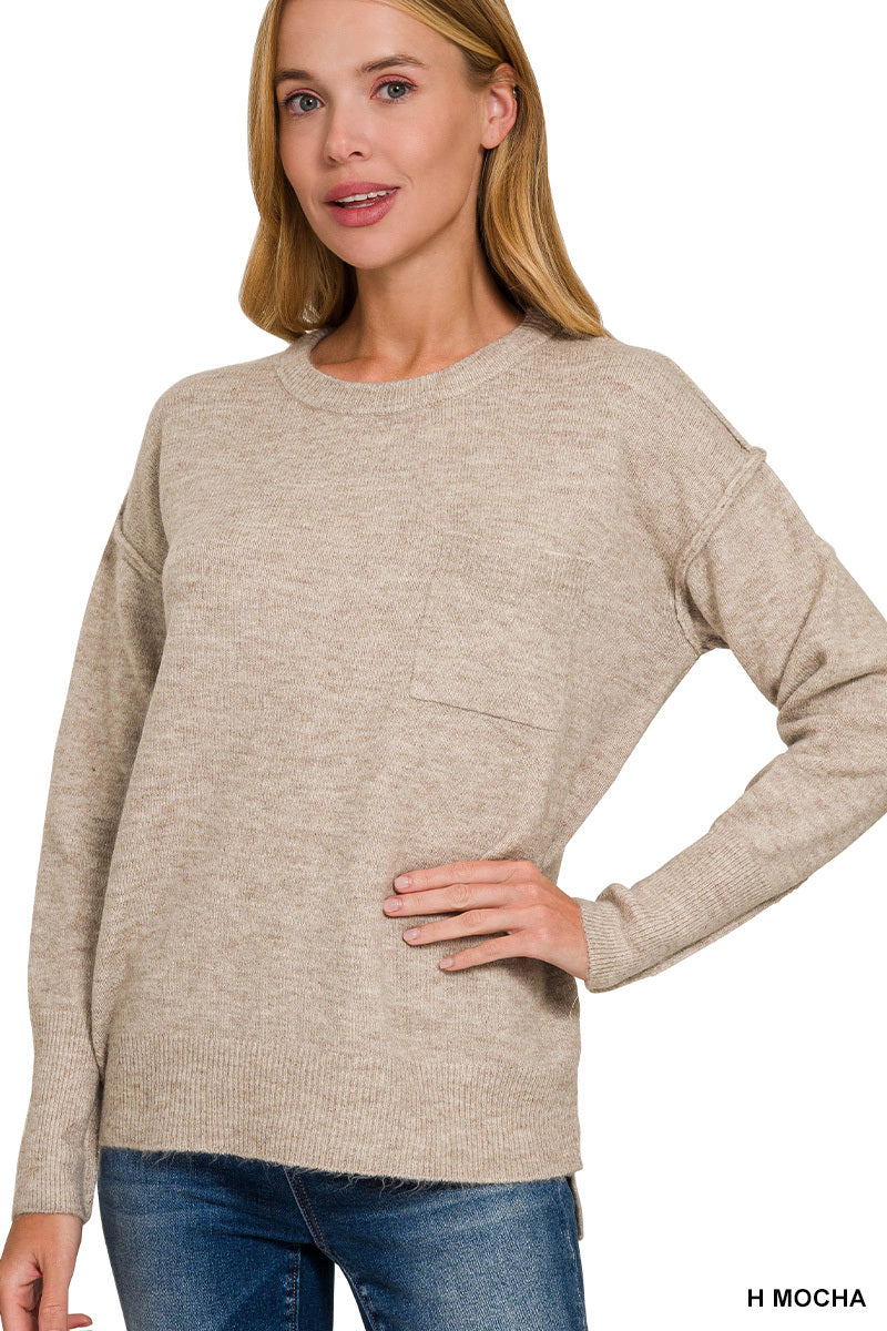 Zenana Hi Low Hem Pocket Round Neck Sweater