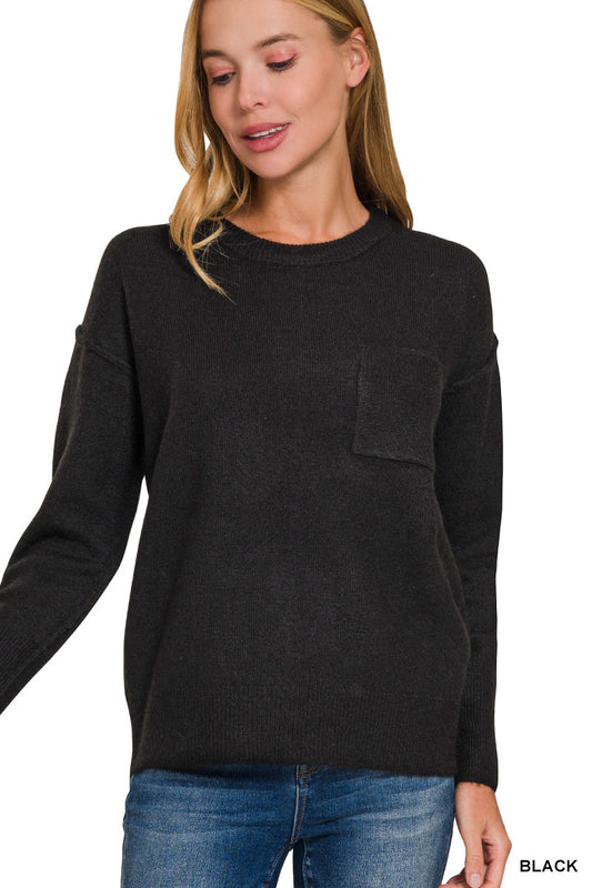 Zenana Hi Low Hem Pocket Round Neck Sweater