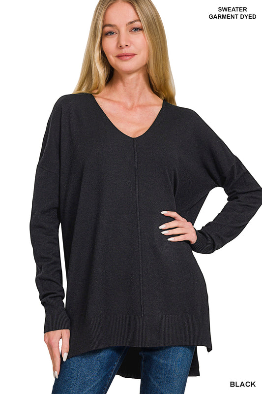 Zenana Hi Low Hem V-Neck Center Seam Sweater