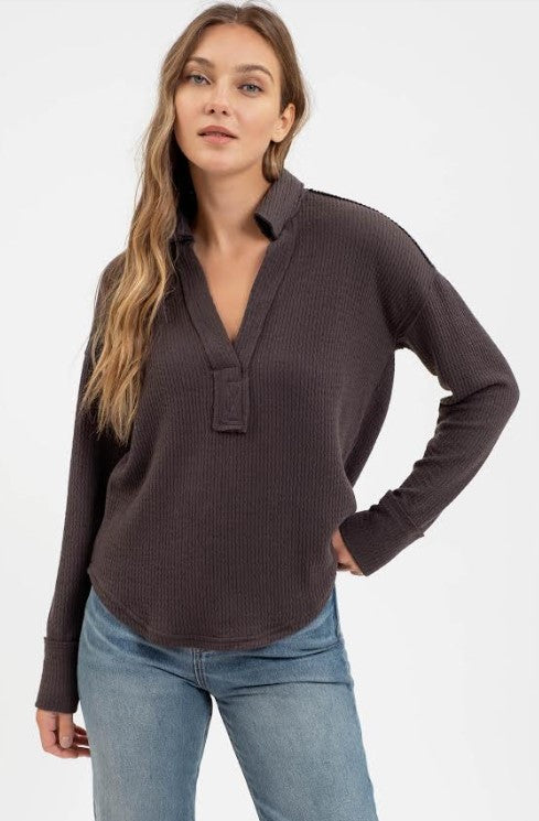 Split Neck Long Sleeve Top