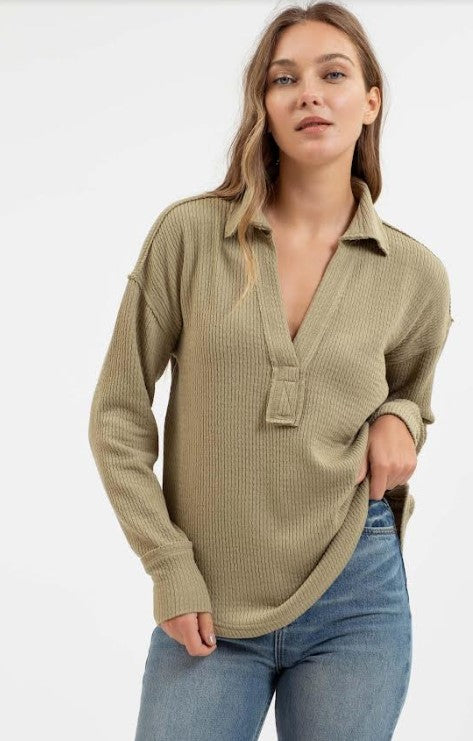 Split Neck Long Sleeve Top