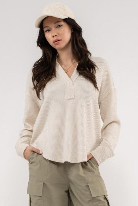 Split Neck Long Sleeve Top