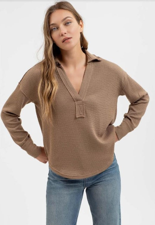 Split Neck Long Sleeve Top