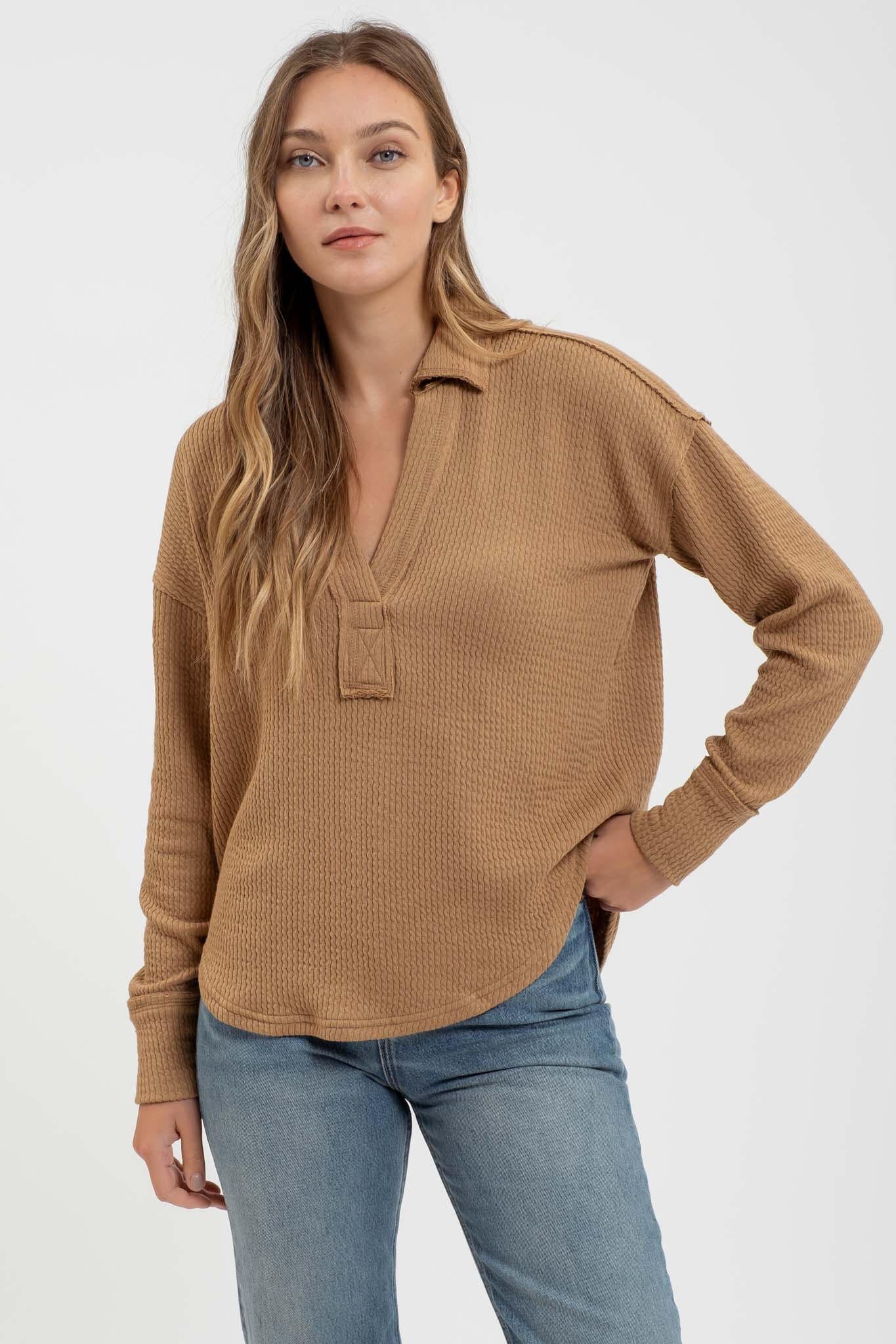 Split Neck Long Sleeve Top